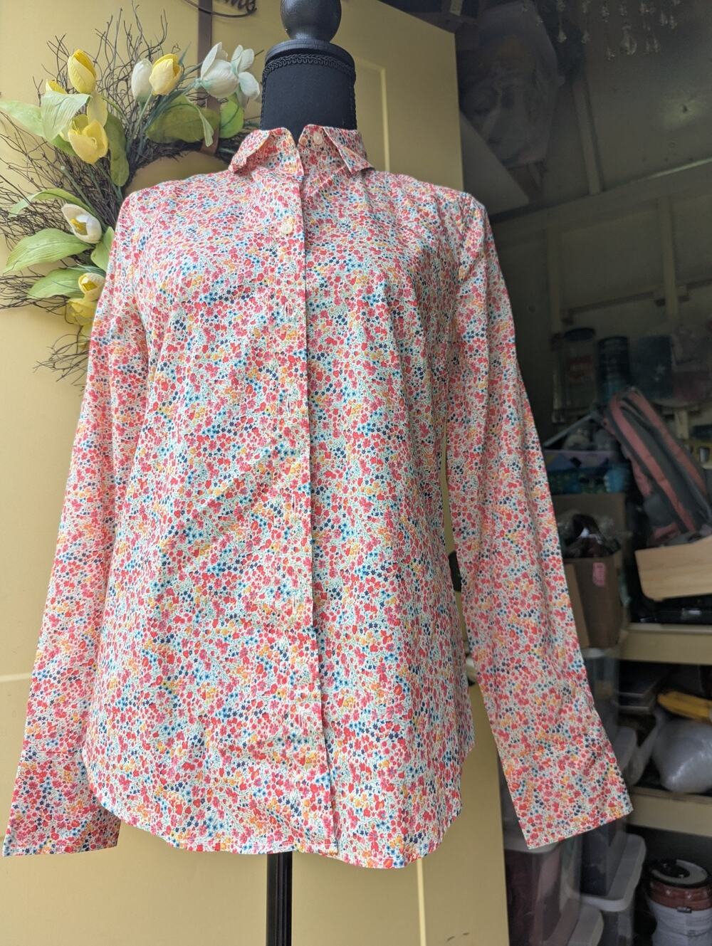 J Crew Shirt Orange Pink Spring Sz XS Floral 100% Cotton Button Down Top Womens
